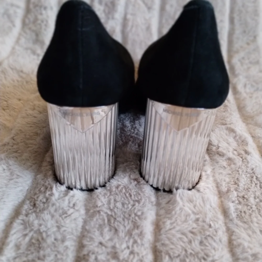 Michael Kors Black Suede Block Heel Pumps Statement Metallic Heel Designer